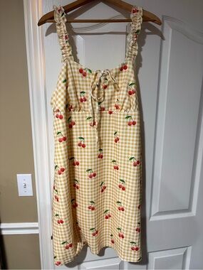 NWT- SHEIN Yellow Gingham Midi Dress with Cherry Print